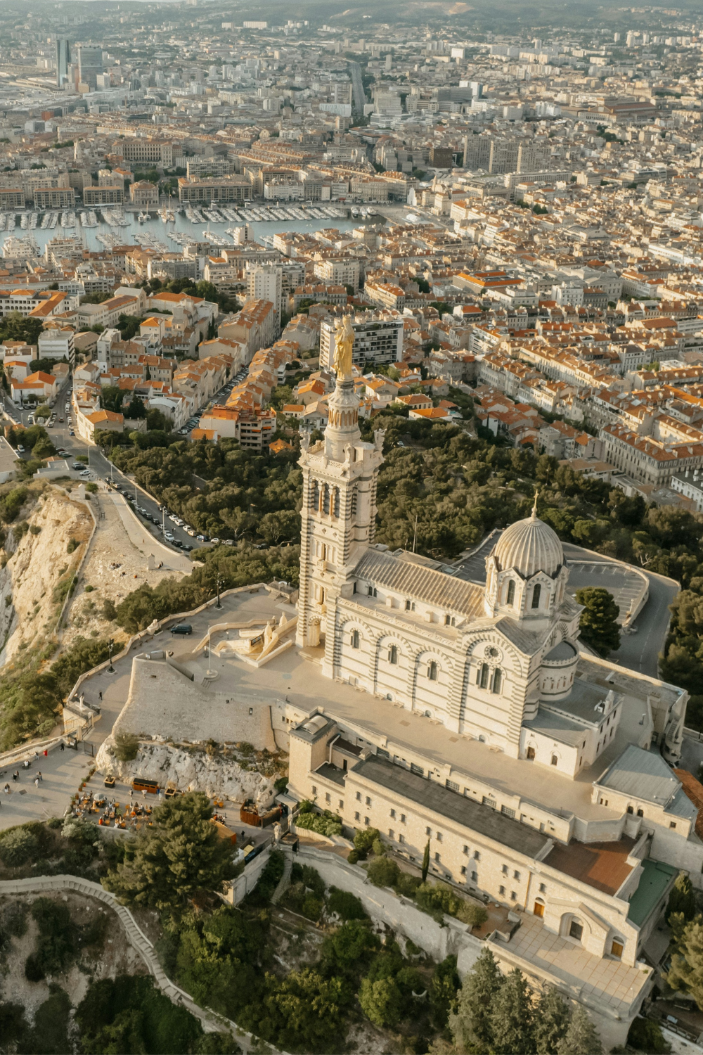 Notre-Dame de la Garde basilica overlooking Marseille city and coastline in France
