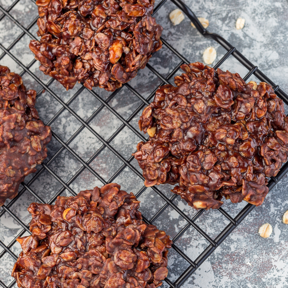 Close-up of fudgy chocolate peanut butter no-bake cookies