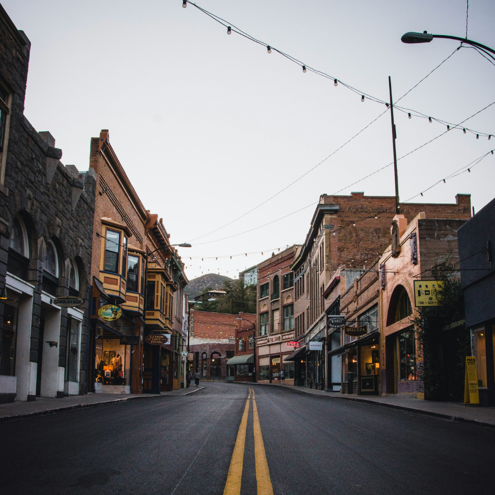 Colorful hillside streets and historic buildings in Bisbee Arizona mining town.