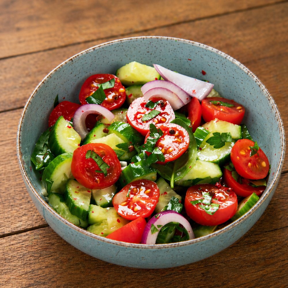 Fresh cucumber tomato salad served in a bowl with cucumbers, tomatoes, red onion, and basil in a light dressing.