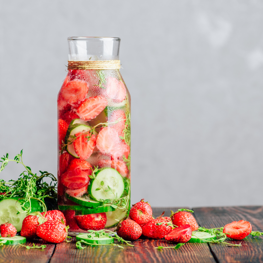 Mixed berry coconut water drink with berries.