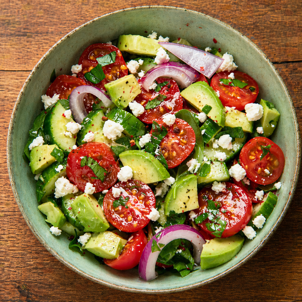 Healthy cucumber tomato salad served as a light summer side dish with fresh vegetables.