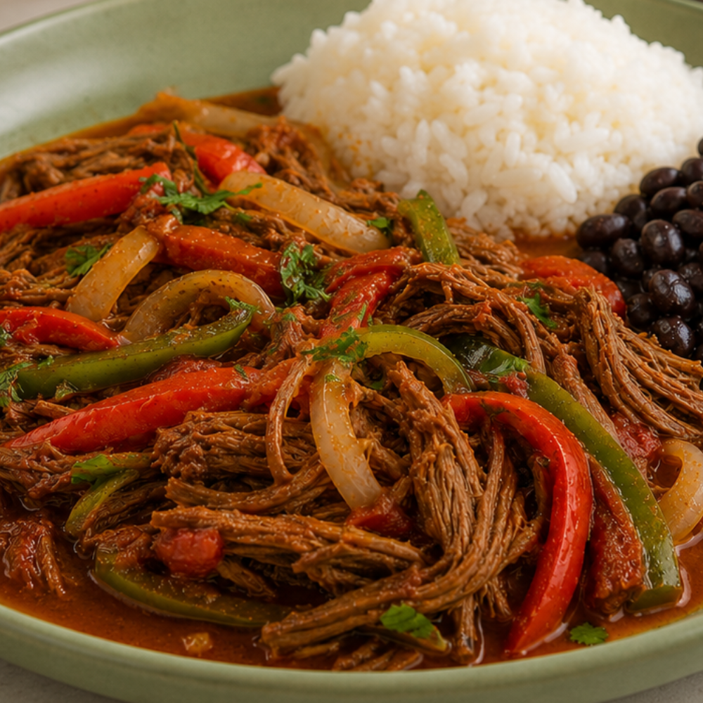 Cuban ropa vieja served with white rice and black beans