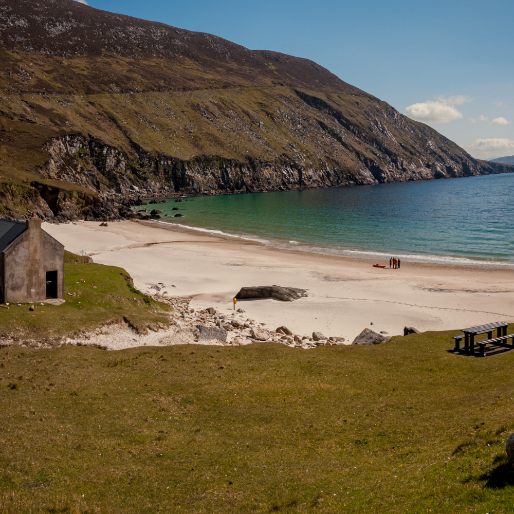 Keem Bay beach on Achill Island with turquoise water and cliffs