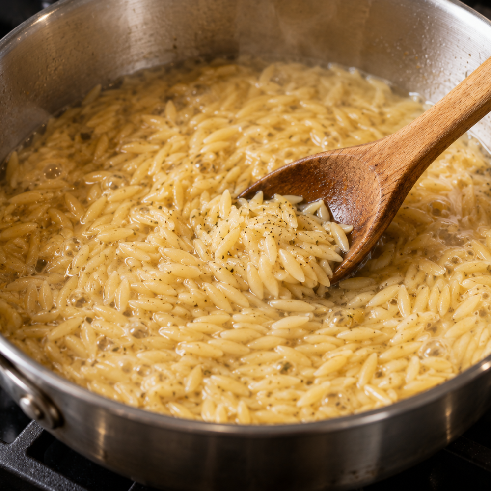 Orzo simmering in chicken broth with lemon juice and honey in a pan as it absorbs liquid and cooks