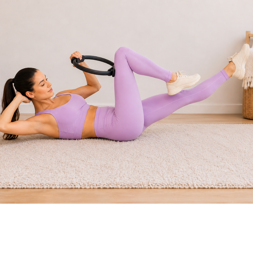 Lower ab squeeze exercise using a Pilates ring to activate deep core muscles