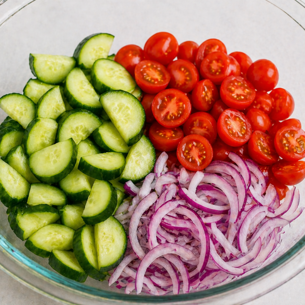 Tossing cucumbers, tomatoes, and onions in a mixing bowl