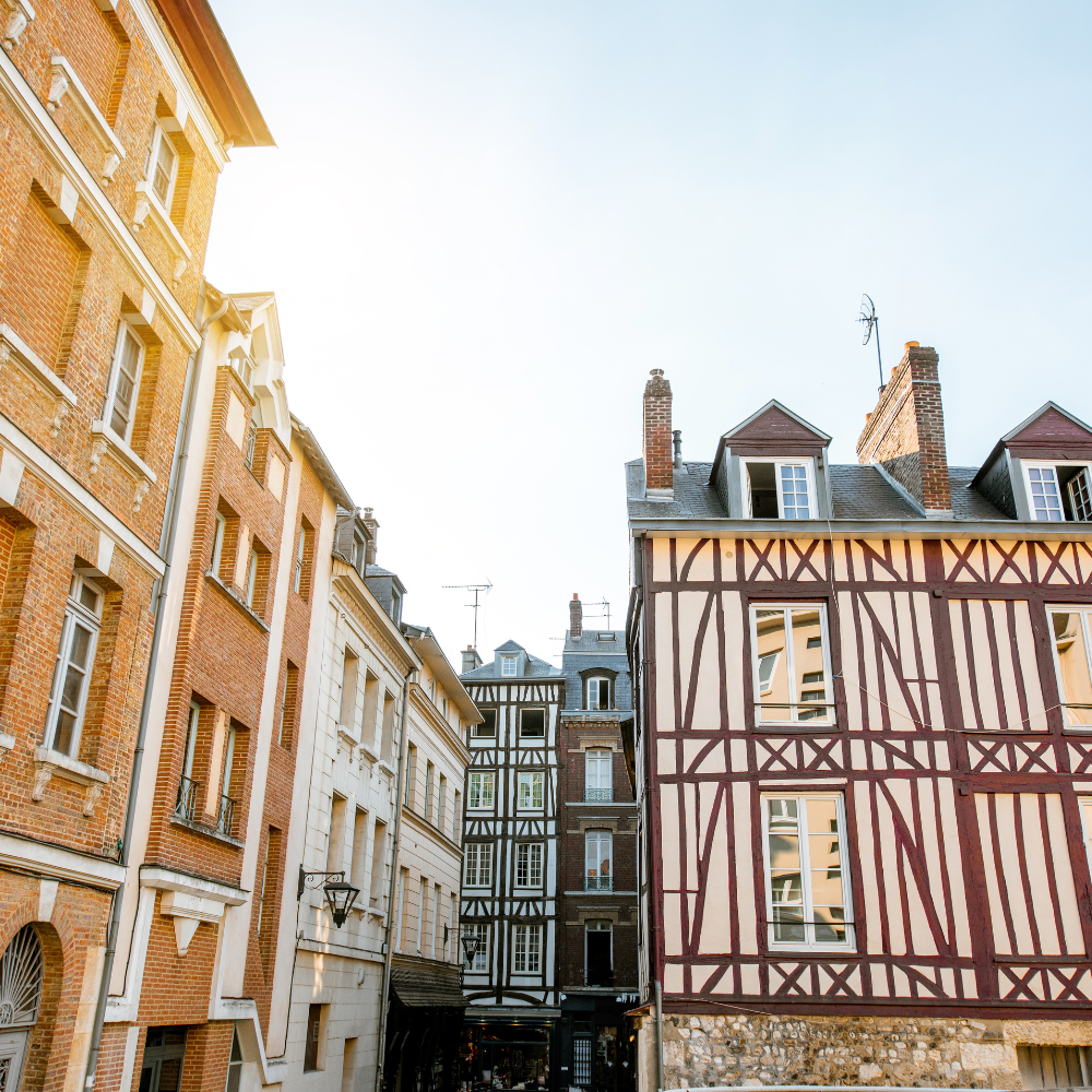 Colorful half-timbered houses in Rouen Normandy with medieval architecture
