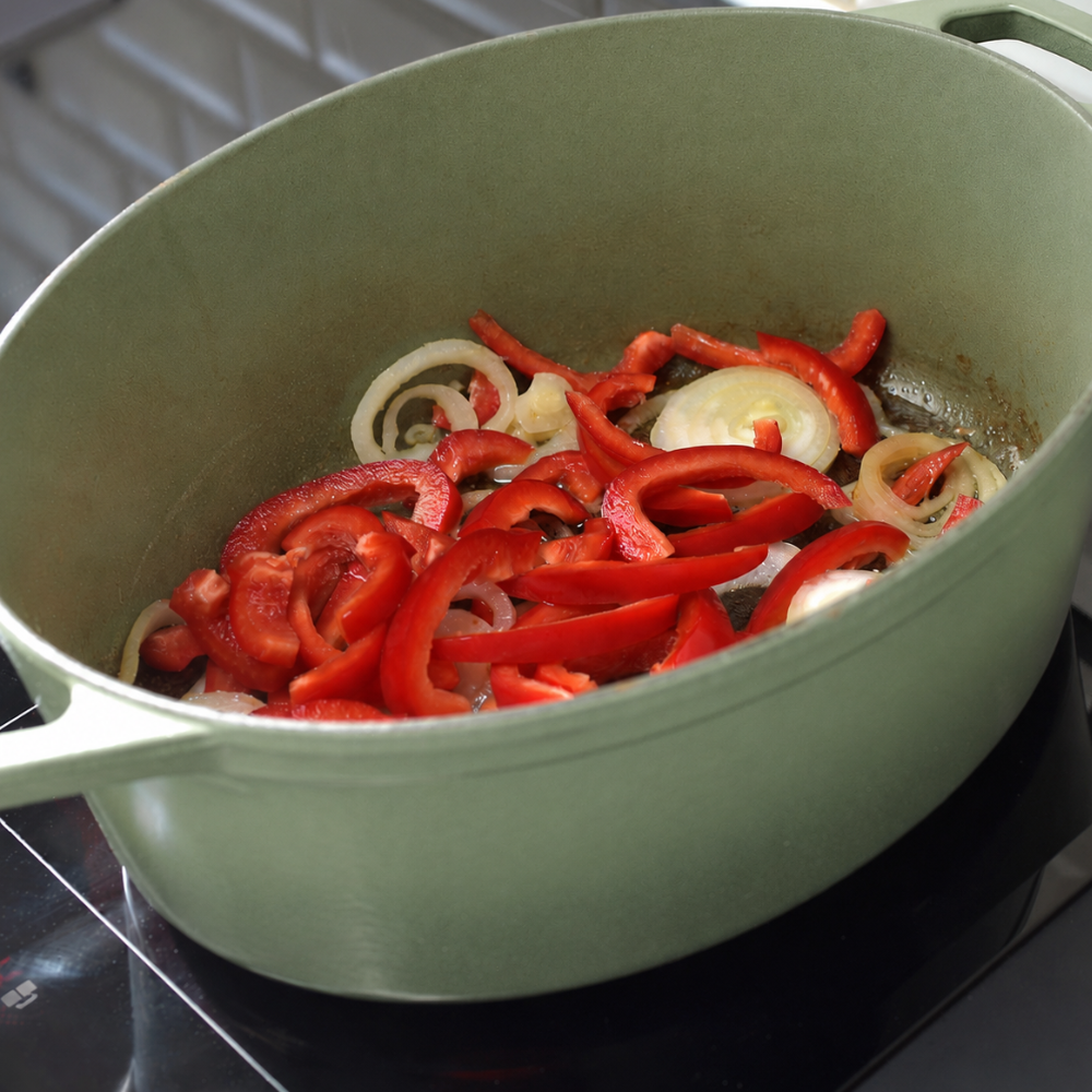 Onions, bell peppers, garlic, and spices sautéing to make Cuban sofrito for ropa vieja.