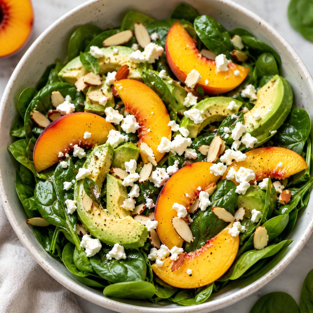 Peach spinach summer salad with avocado, almonds, and crumbled feta cheese