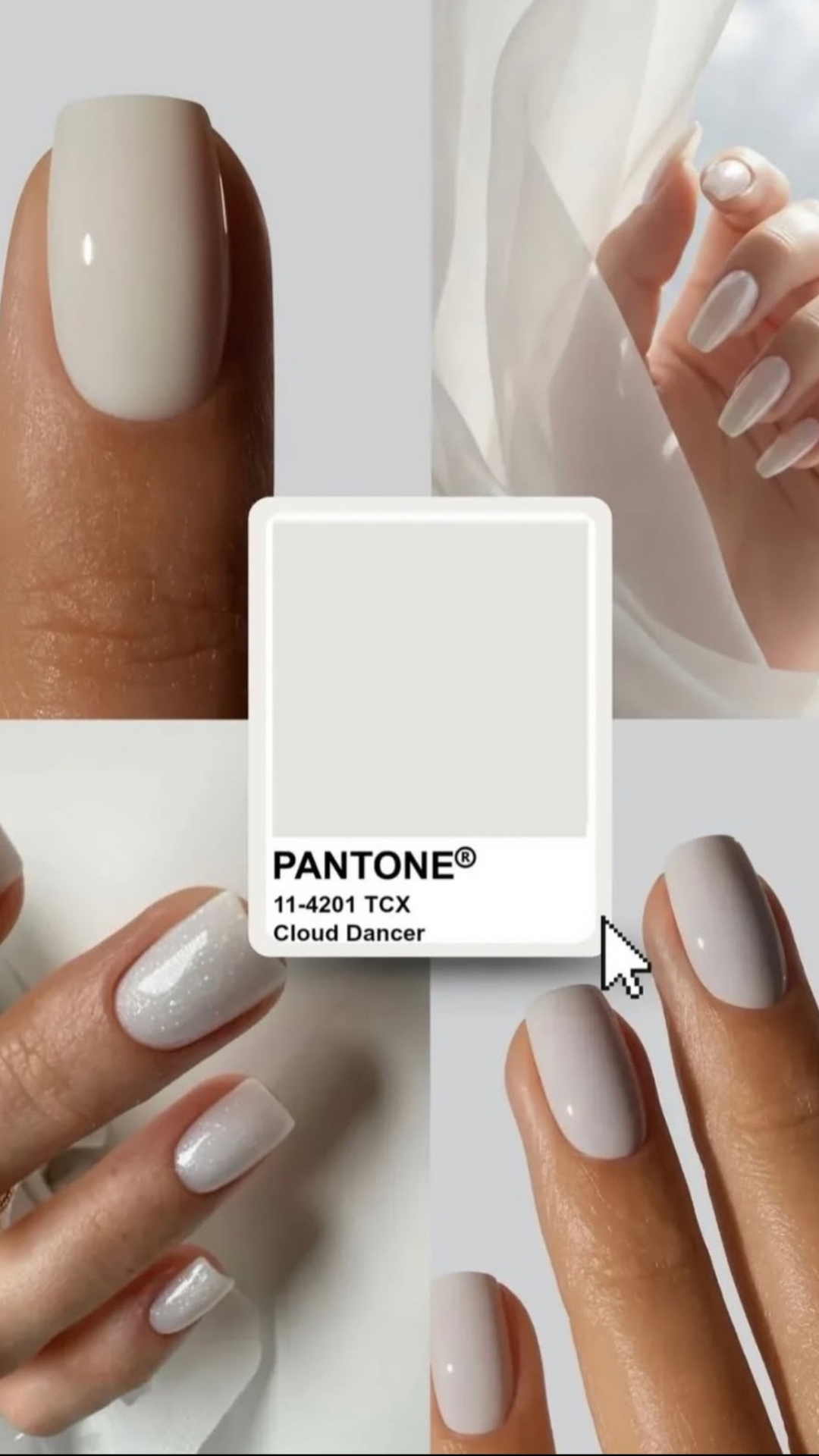 Soft white spring nails with creamy cloud dancer shade on short nails.