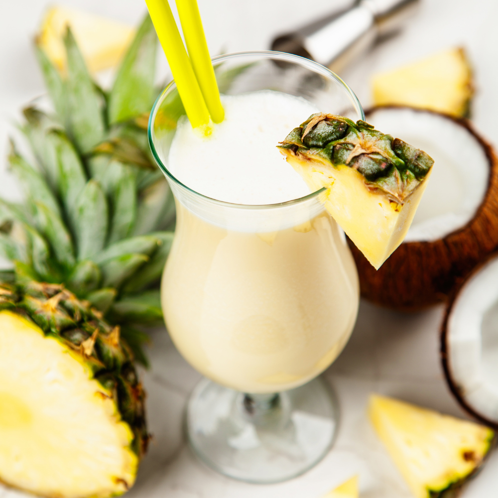 Creamy virgin piña colada with pineapple and coconut served in a chilled tropical glass
