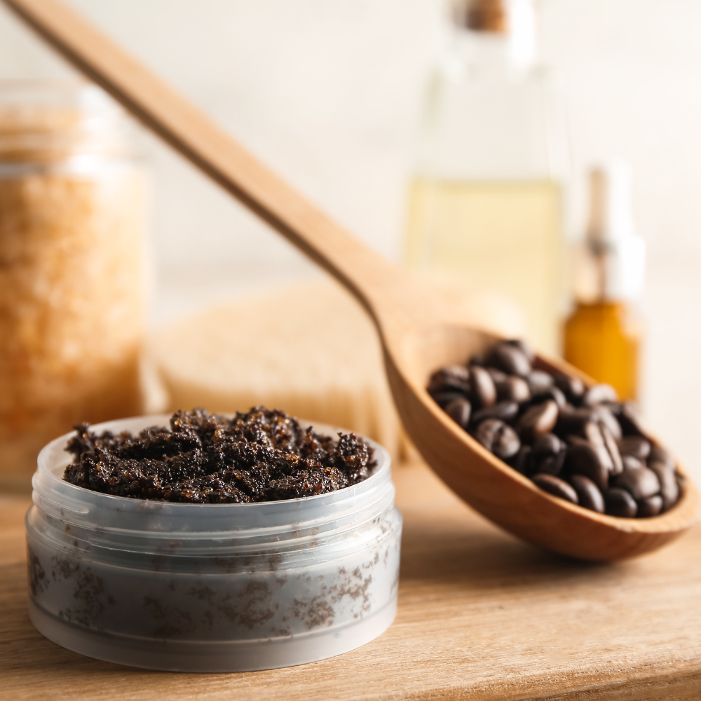 Homemade DIY coffee scrub made with coffee grounds, sugar, and natural oils for soft skin.