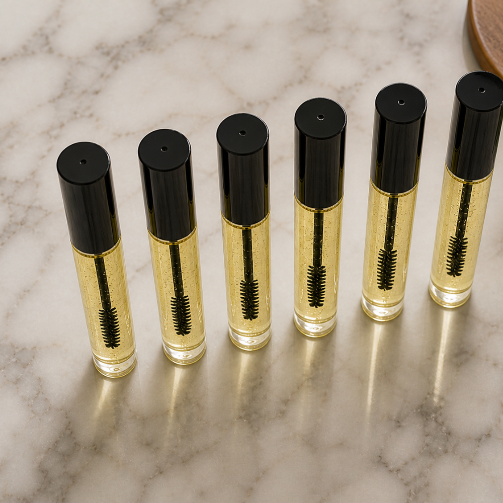 DIY lash serum made with natural oils like castor oil, vitamin E oil, and almond oil displayed in a mascara bottle with applicator, representing a homemade eyelash serum routine.