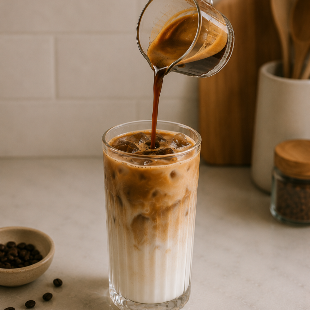Pouring espresso in a glass with ice and milk to make an iced coffee