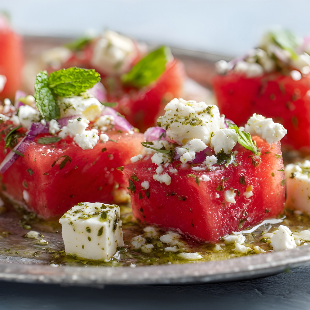 Vibrant bowl of watermelon feta salad with fresh mint, crumbled feta, nuts, and a light olive oil dressing, styled as a fresh summer recipe.