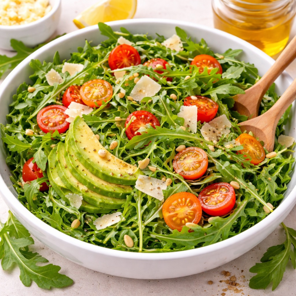 Arugula salad with shaved Parmesan, toasted croutons, and homemade vinaigrette