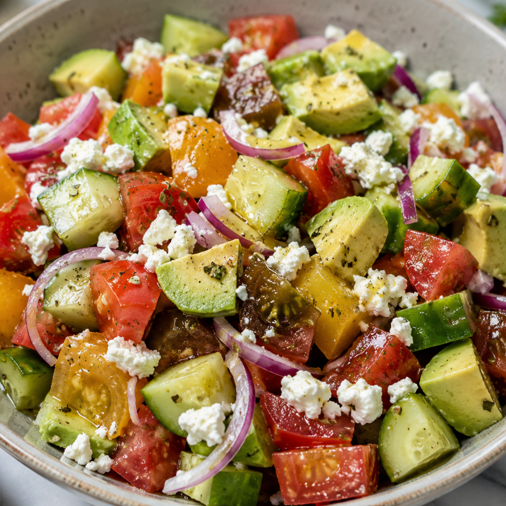 Greek summer salad with heirloom tomatoes, cucumber, feta cheese, red onion, and avocado