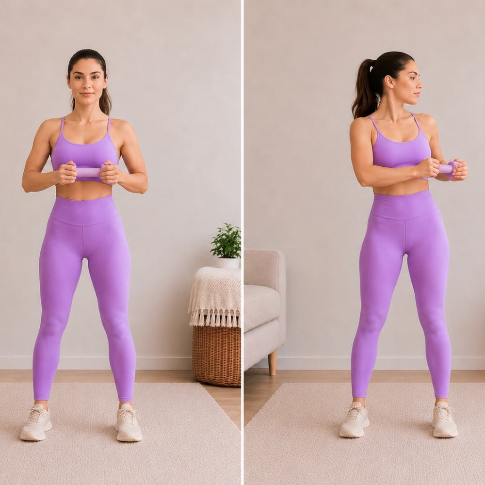Standing waist twist exercise using resistance band and magic circle for oblique