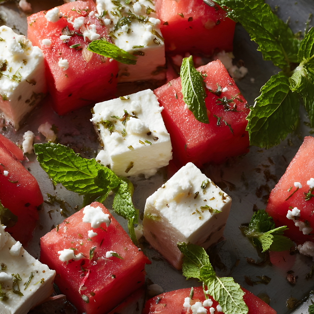 Close-up of cubed watermelon mixed with crumbled feta cheese and fresh mint.