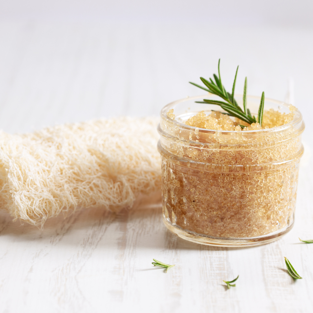 DIY sugar scrub stored in a glass jar for easy at-home use