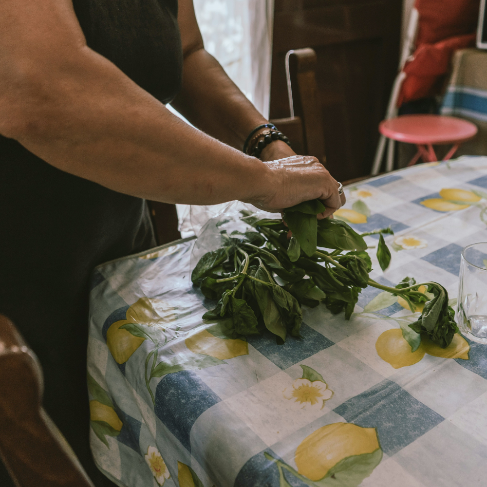 Torn fresh basil leaves being added to authentic pomodoro sauce for flavor and freshness.