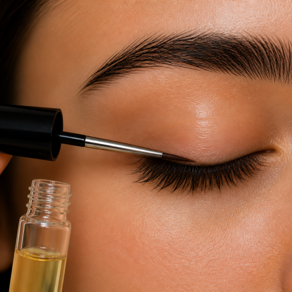 Applying DIY eyelash serum to lashes using a clean mascara wand along the lash line for nightly lash care routine.