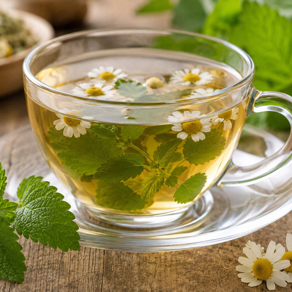 elaxing lemon balm and chamomile tea served warm in a cozy mug for bedtime relaxation.