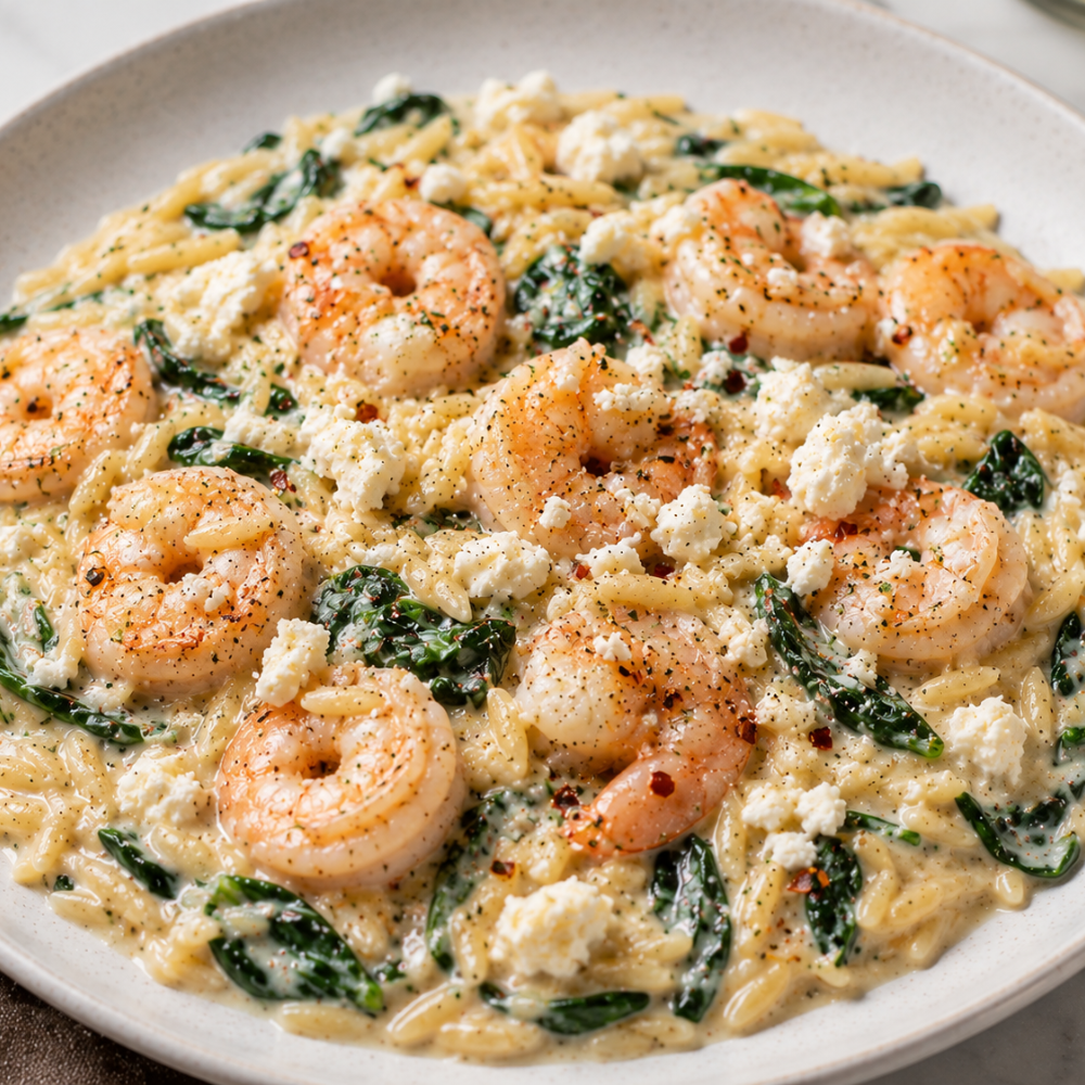 Finished shrimp and orzo recipe topped with creamy feta Greek yogurt  in a serving pan