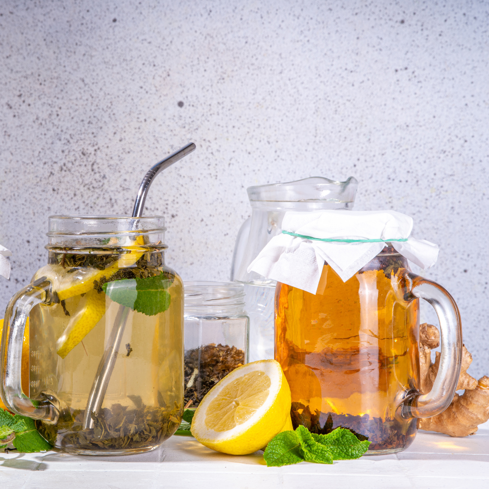 Cold brew iced tea steeping overnight in a sealed glass jar.