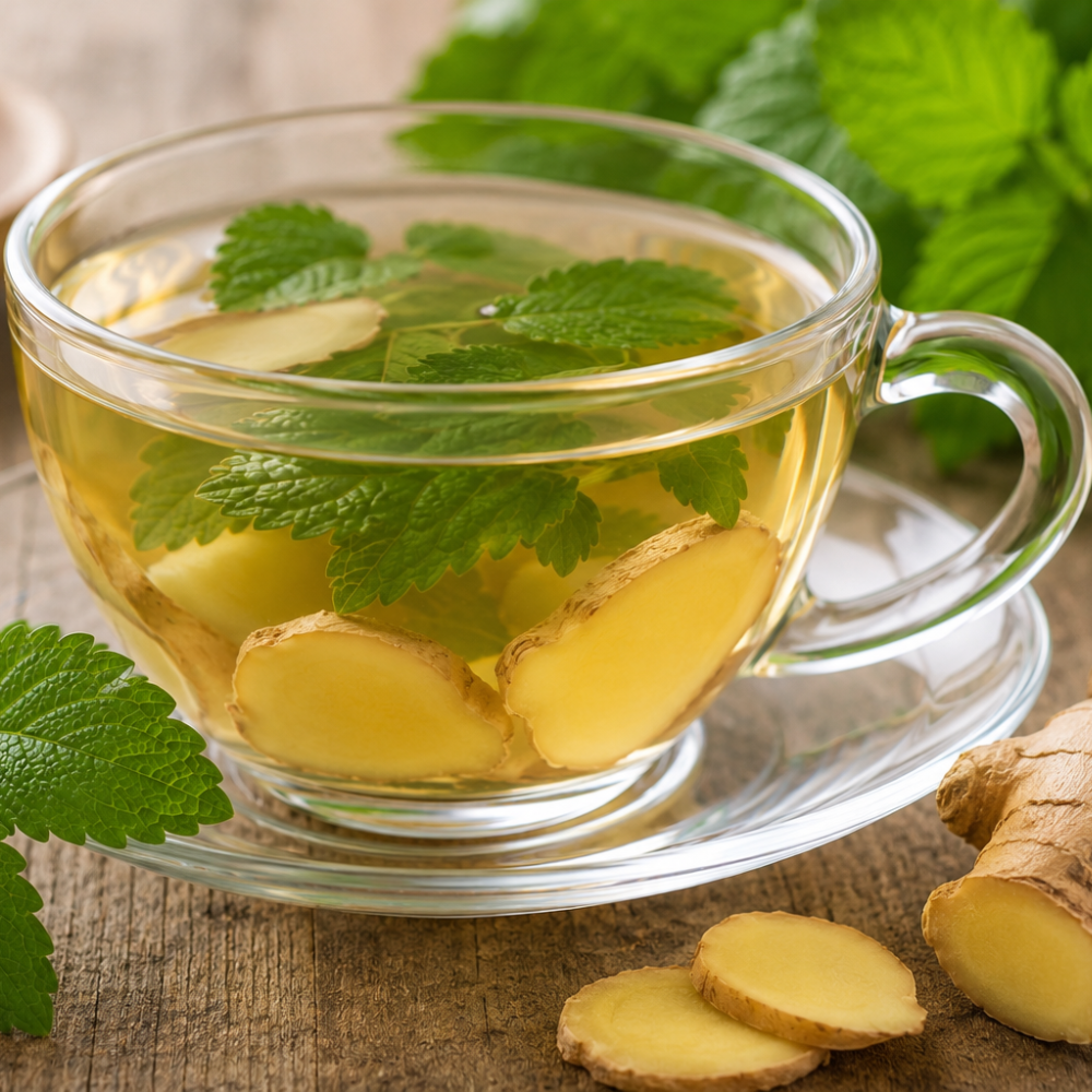 Homemade ginger and lemon balm tea with fresh ginger slices and honey for digestion and cold relief.