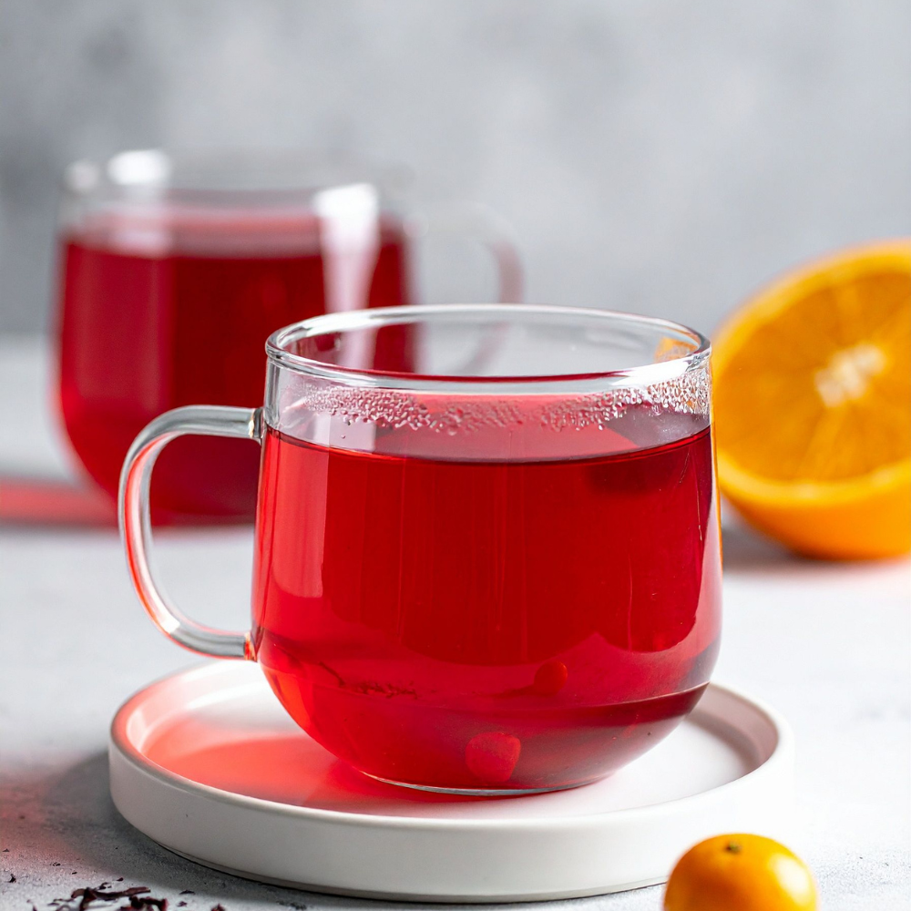 Hibiscus iced tea with orange slices and deep ruby-red color.