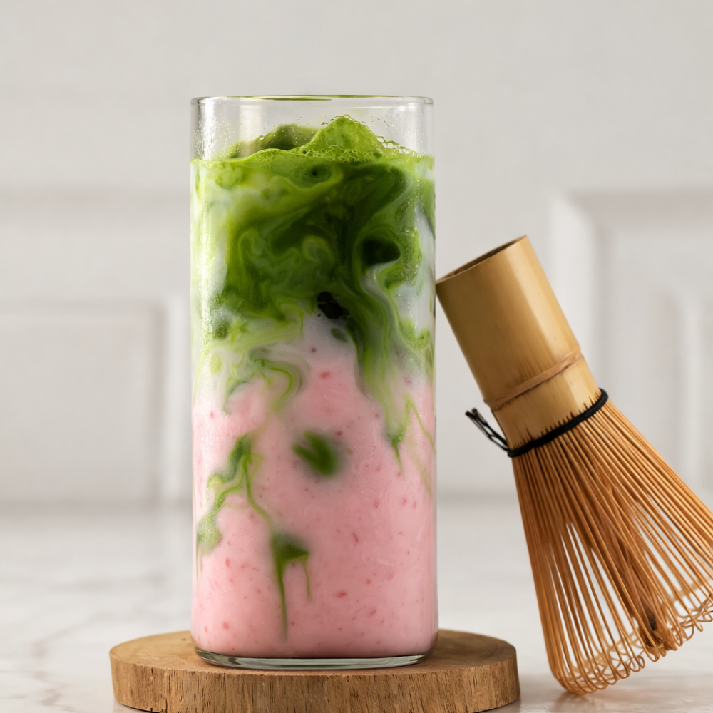 Slowly pouring whisked green matcha over milk and strawberry syrup to create a layered strawberry matcha latte