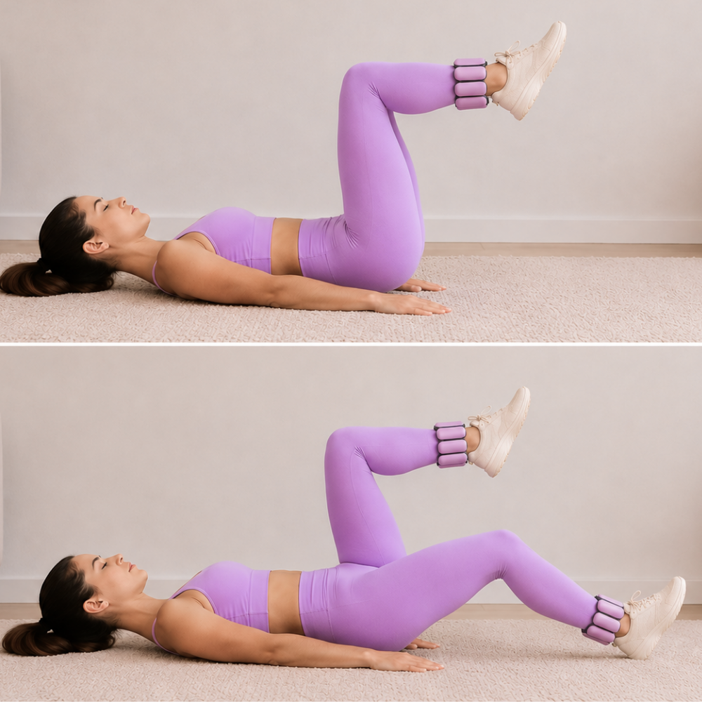Lower ab toe tap exercise with ankle weights performed on a yoga mat at home
