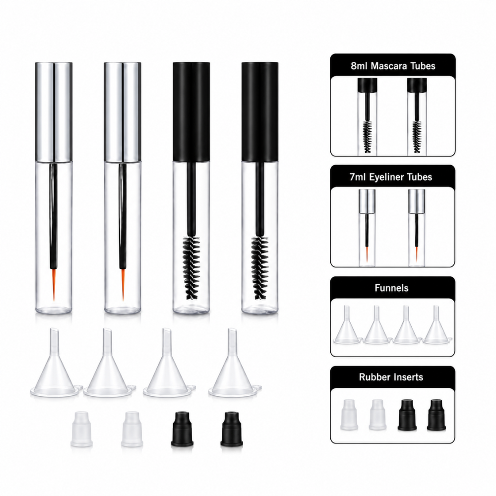 DIY lash serum kit with empty mascara bottles, applicators, stopper, and funnel used for making homemade eyelash serum.