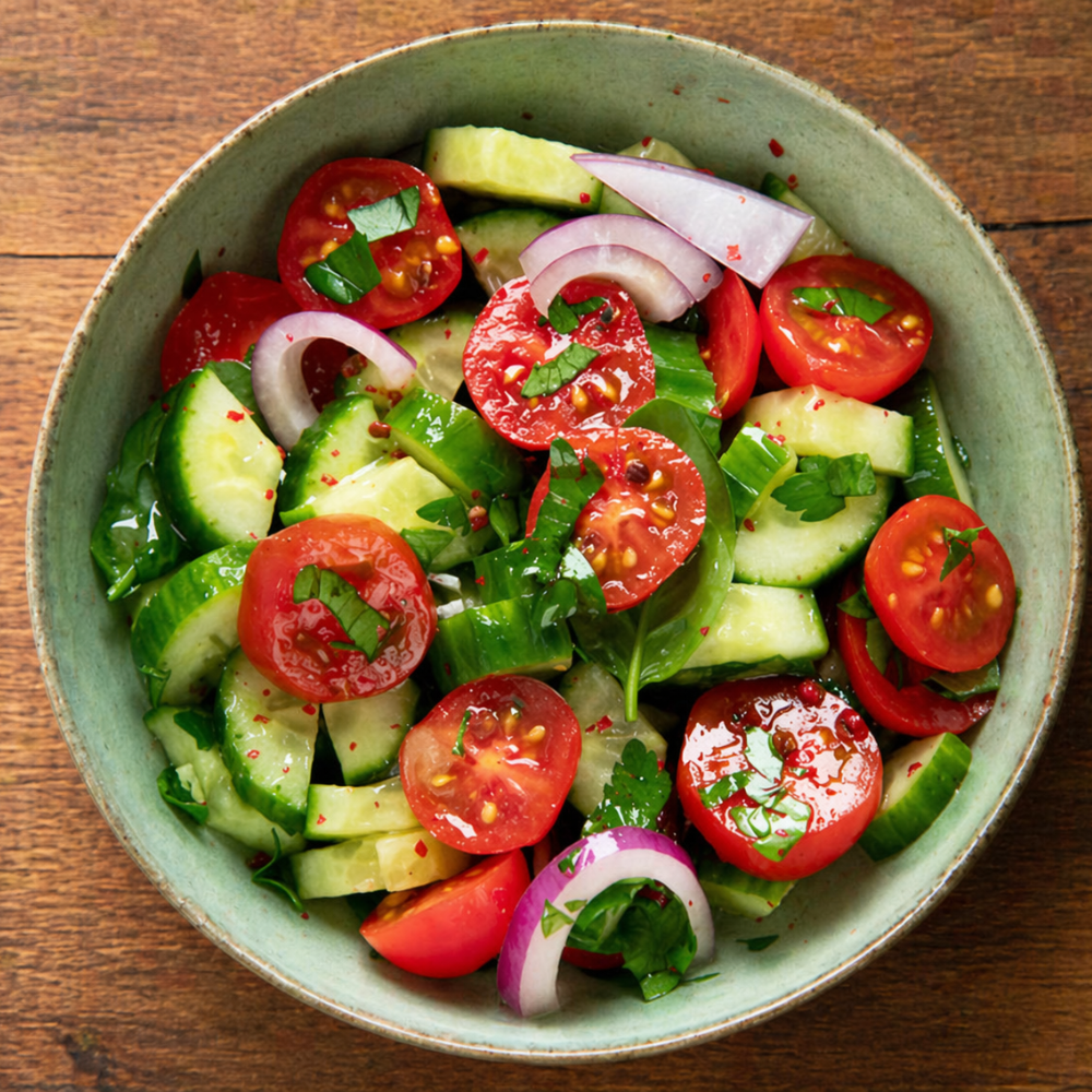 Cucumber tomato salad served in a bowl with fresh herbs and olive oil dressing.