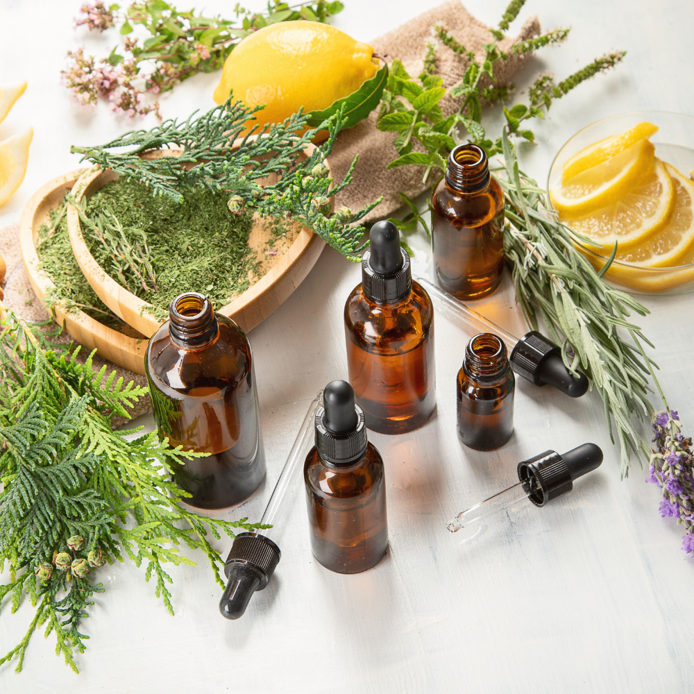 Homemade eyelash serum mixture in a small bowl combining castor oil, vitamin E oil, and almond oil for natural lash conditioning.