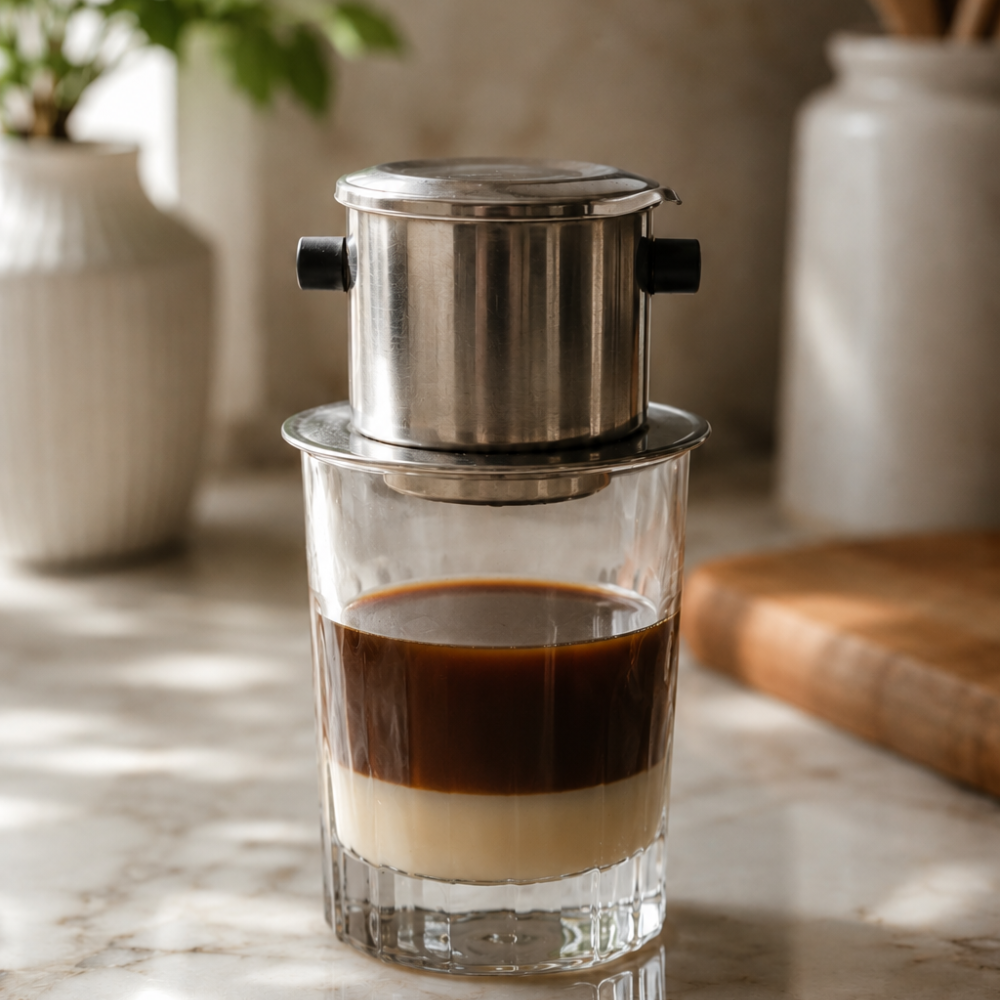 Vietnamese iced coffee made with strong espresso and sweetened condensed milk poured over ice