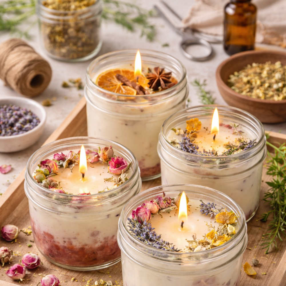 DIY handmade soy candles in glass jars decorated with ribbon and labels as a Mother’s Day gift