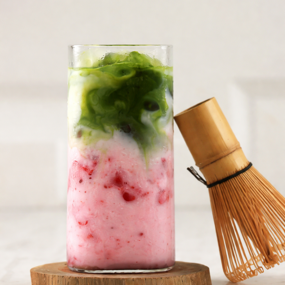 Iced Strawberry Matcha latte in a glass