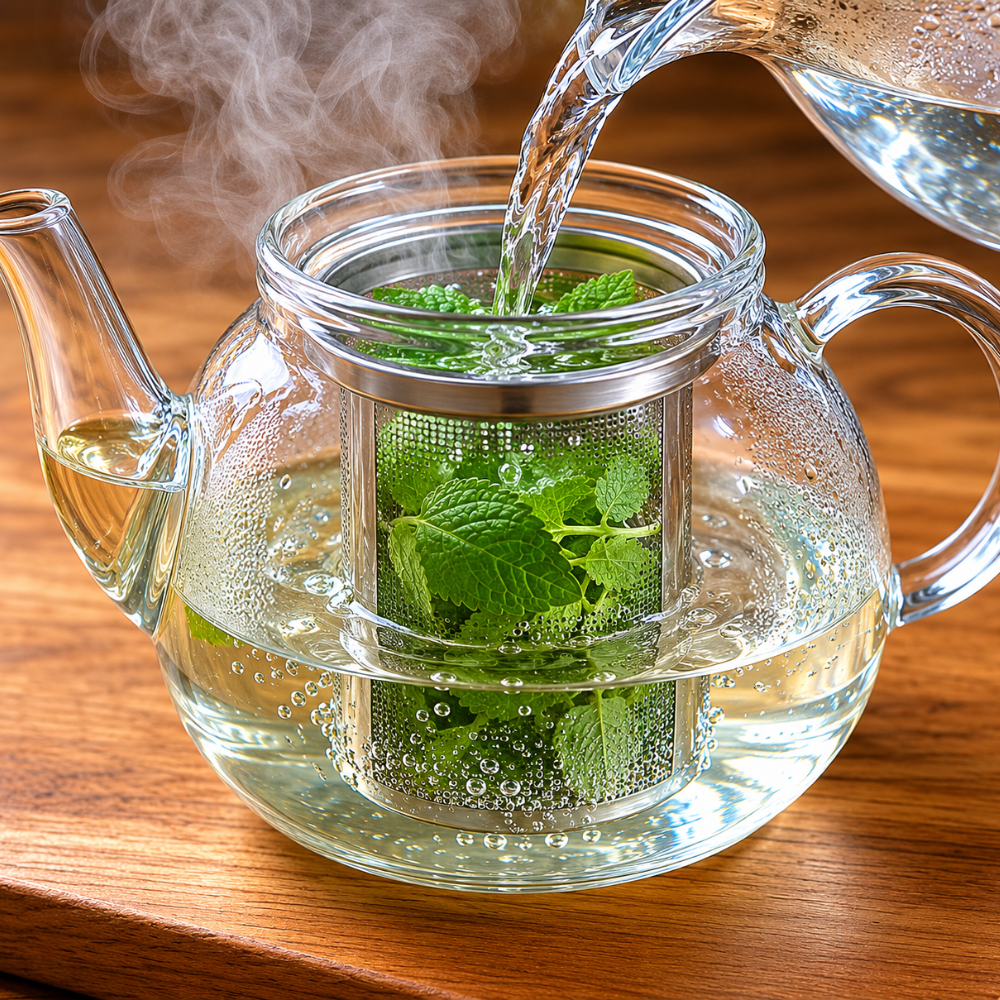 Pouring water in a teapot to make a lemon balm tea