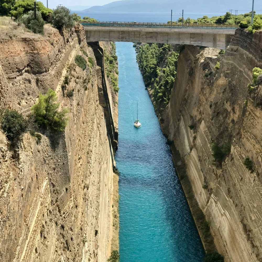 Aerial view of the Corinth Canal, an impressive engineering marvel in Greece.