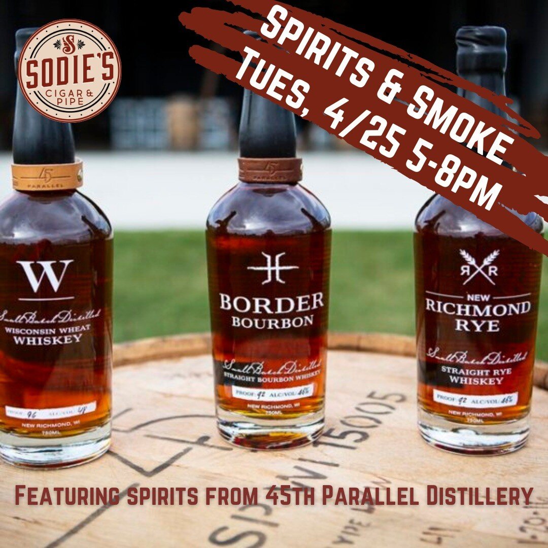 On Tuesday, April 25th, Spirits &amp; Smoke is back with a special guest. Our friends at @45thparallelspirits will be in the lounge that evening sharing samples of their whiskey, rye, and orangecello. Stop out to enjoy a cigar, a taste of the spirits