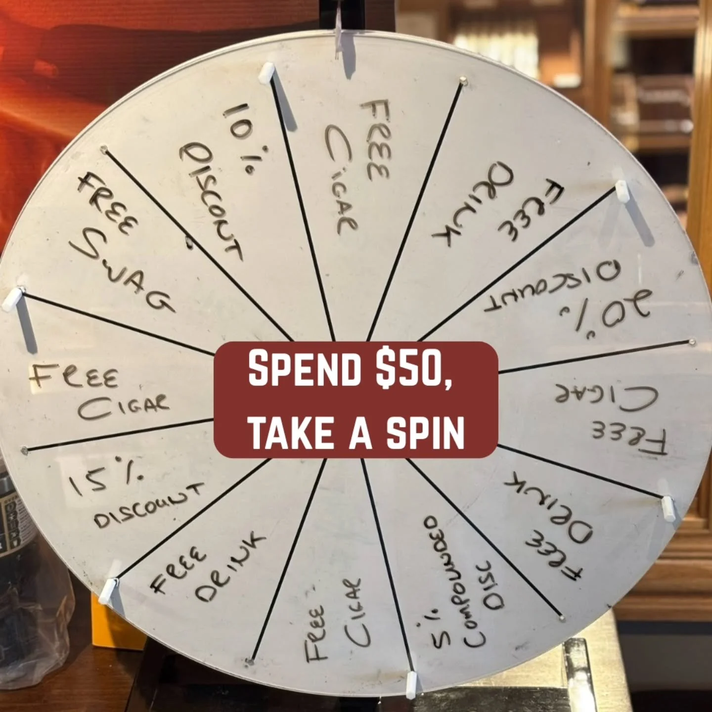 You don't have to go to the state fair to spin a wheel and win a prize! 
Now through Sunday, August 31st, spend $50 in the shop and spin the wheel for the chance at free cigars, swag, discounts, and more. Prizes subject to availability and items on t