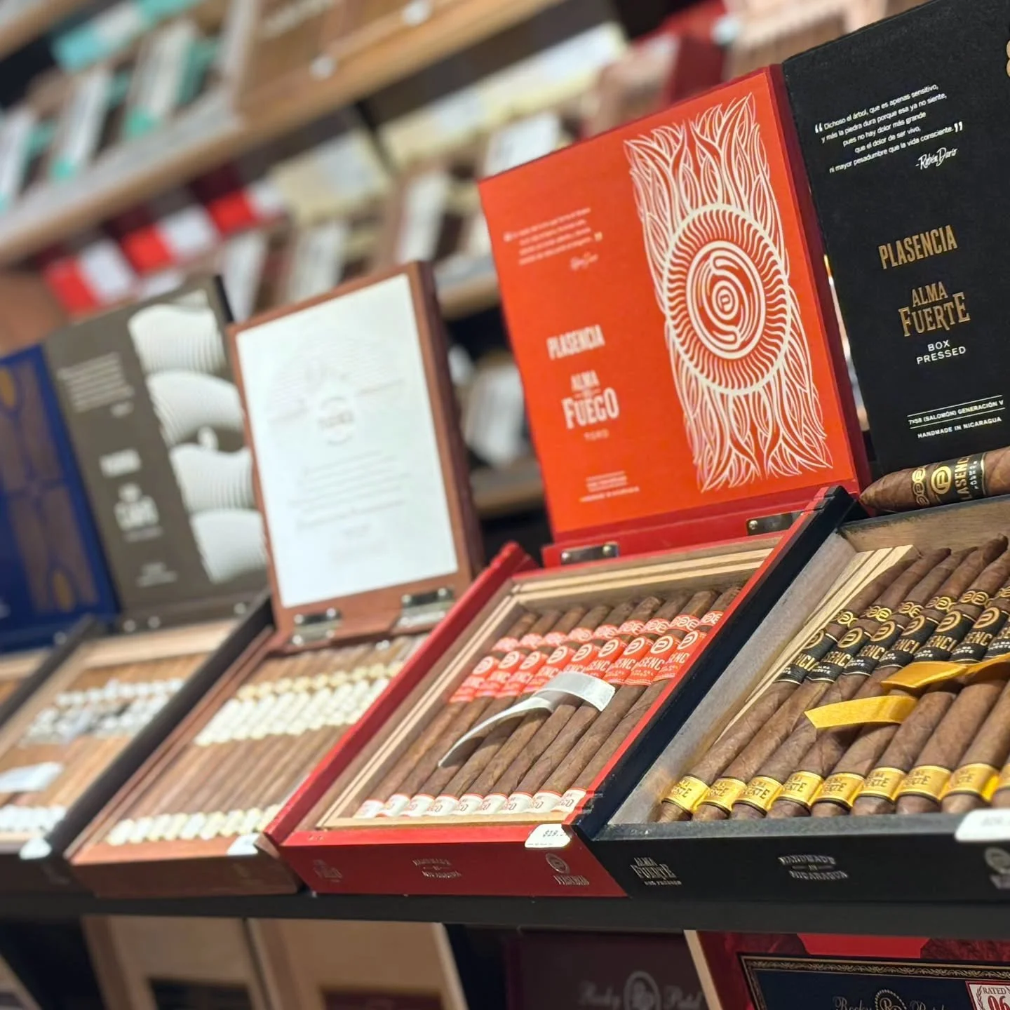 A nice lineup of @plasenciacigars is waiting for you in the humidor. 
Did you know the Alma del Cielo is the world&rsquo;s highest elevation cigar, grown at a breathtaking 1,300 meters above sea level within the most cherished Plasencia family estate