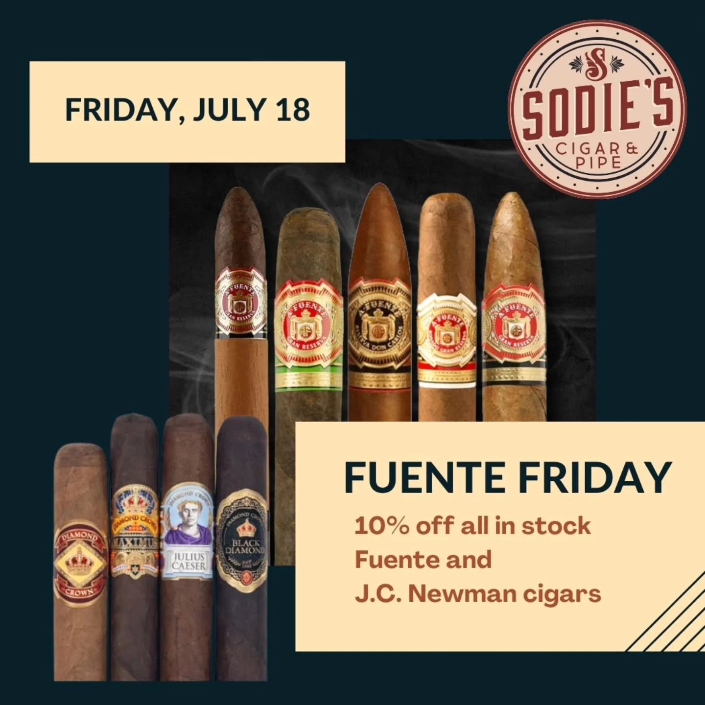 Let's kick off the weekend right with Fuente Friday! 
Today only, all in stock @arturofuentecigars and @j.c.newmancigarco are 10% off. 
Fuente Friday stacks on top of your existing member or other discounts, up to 20%.
We're open until 8pm, stop in t