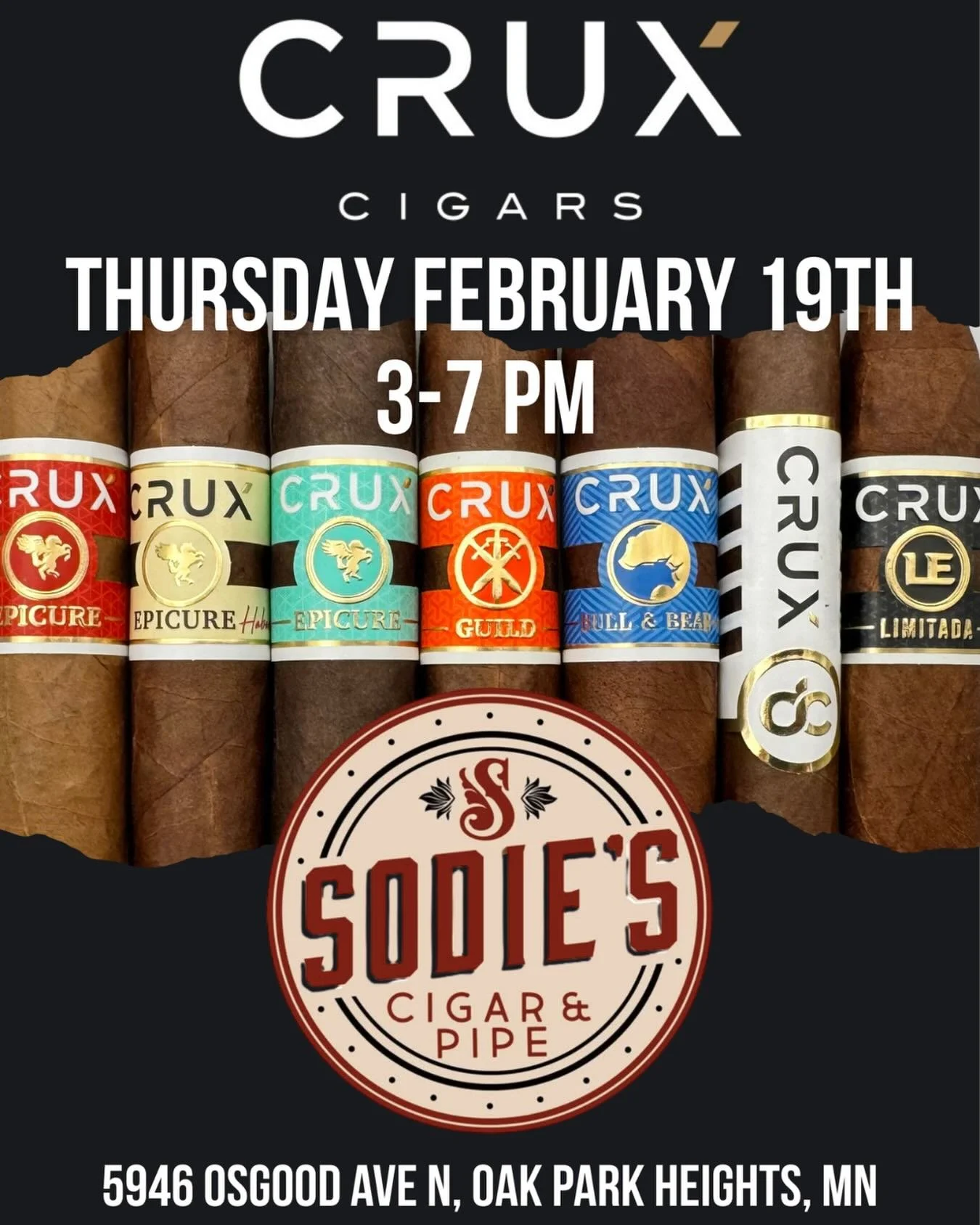 Join us for a Crux Cigars Event

We are excited to be hosting our first event of 2026 with Crux Cigars! Join us on Thursday, February 19 from 3:00pm to 7:00pm to learn more about their new cigar blends and take advantage of some great deals.

Some sm