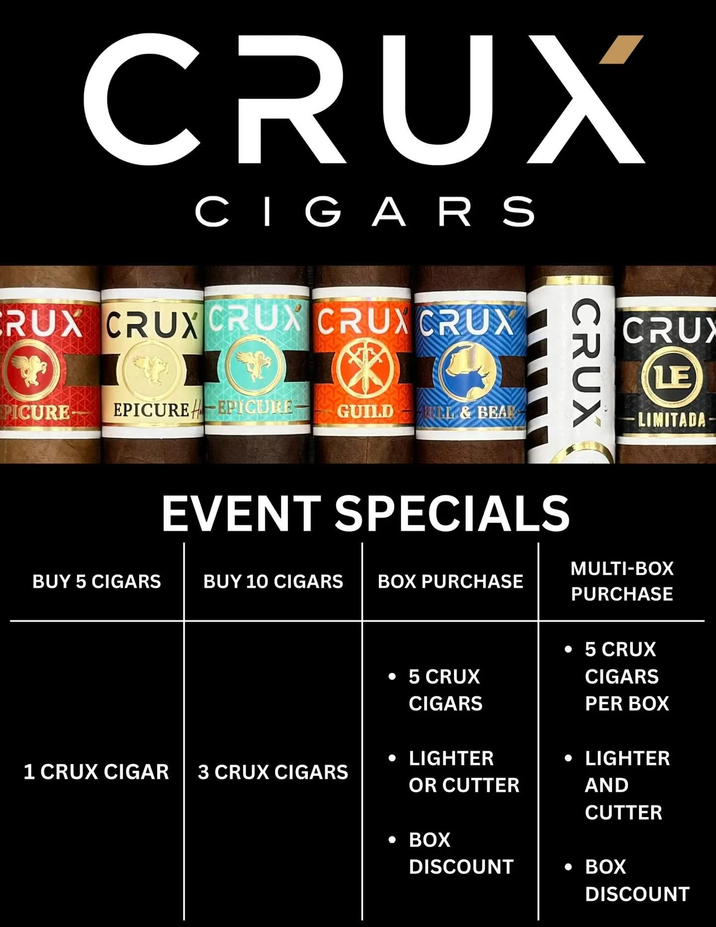 We are excited to share the Crux Cigars specials that will be featured at our upcoming event on Thursday, February 19 from 3:00pm to 7:00pm! 

Save the date, and we&rsquo;ll see you at Sodie&rsquo;s! 

#cruxcigars #cigarevent