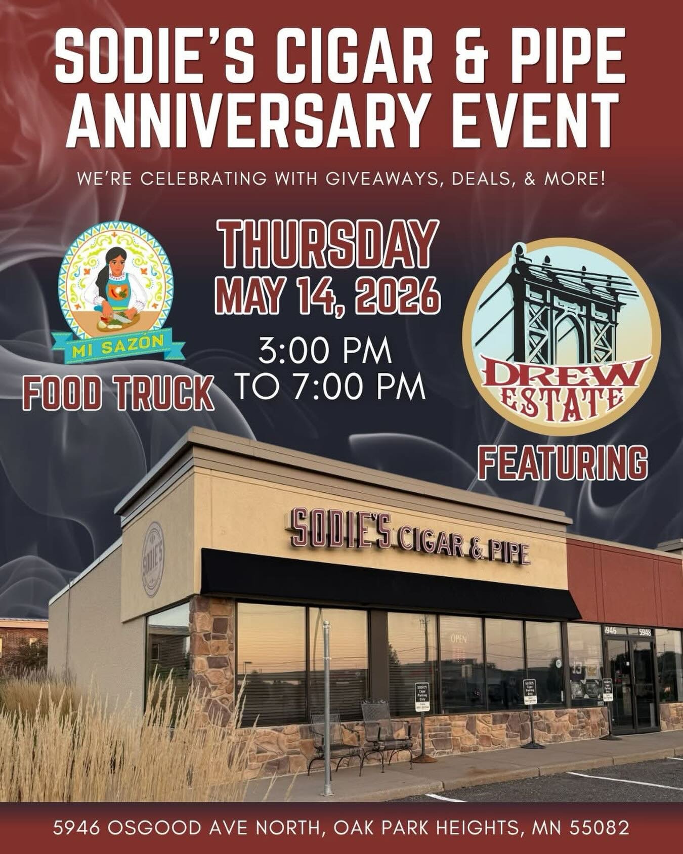 We&rsquo;re celebrating 7️⃣ years in business, and you&rsquo;re invited to the party 🎉

Join us for giveaways, deals, and more at our Sodie&rsquo;s Cigar and Pipe 7th Anniversary Event featuring @drewestatecigar on Thursday, May 14, 2026.

We&rsquo;