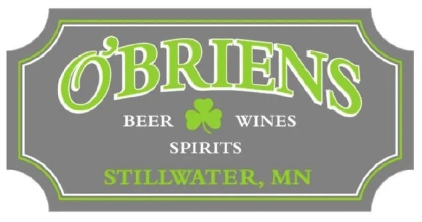 Logo of O'Briens Beer, Wines, and Spirits store in Stillwater, MN featuring a green shamrock, green font, and a gray background